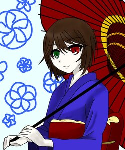 Rating: Safe Score: 0 Tags: 1girl brown_hair green_eyes heterochromia holding holding_umbrella image japanese_clothes karakasa_obake kimono looking_at_viewer obi parasol purple_umbrella red_eyes red_umbrella sash shared_umbrella short_hair smile solo souseiseki tatara_kogasa umbrella User: admin