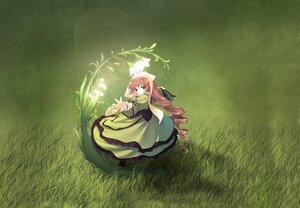 Rating: Safe Score: 0 Tags: 1girl bow dress drill_hair frills grass green_dress image long_hair long_sleeves pink_hair solo suiseiseki very_long_hair User: admin