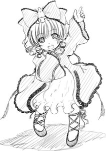 Rating: Safe Score: 0 Tags: 1girl blush bow chain dress greyscale hair_bow hinaichigo image kagiyama_hina looking_at_viewer monochrome open_mouth ribbon short_hair smile solo User: admin
