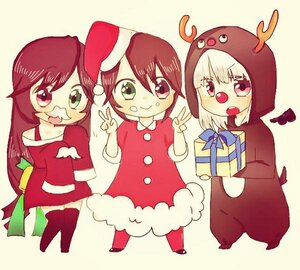 Rating: Safe Score: 0 Tags: 3girls antlers blonde_hair brown_hair cake christmas food gift gift_box green_eyes hat heterochromia image long_hair multiple multiple_girls red_eyes reindeer_antlers santa_costume tagme thighhighs v User: admin