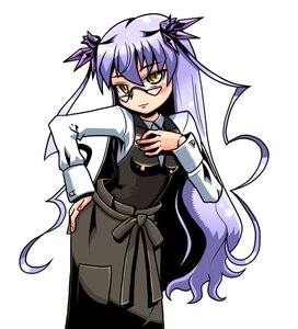 Rating: Safe Score: 0 Tags: 1girl barasuishou cowboy_shot dress eyebrows_visible_through_hair hair_ornament hand_on_hip image long_hair long_sleeves looking_at_viewer purple_hair ribbon simple_background solo standing very_long_hair white_background yellow_eyes User: admin