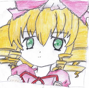 Rating: Safe Score: 0 Tags: 1girl blonde_hair bow drill_hair eyebrows_visible_through_hair green_eyes hair_between_eyes hina_ichigo hinaichigo image looking_at_viewer marker_(medium) pink_bow portrait ribbon shikishi simple_background solo traditional_media umbrella white_background User: admin