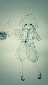 Rating: Safe Score: 0 Tags: 1girl capelet frills full_body hair_between_eyes image long_hair long_sleeves looking_at_viewer monochrome shoes smile solo souseiseki standing traditional_media usami_renko User: admin