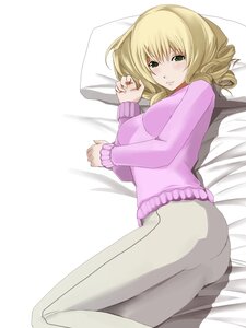 Rating: Safe Score: 0 Tags: 1girl bangs blonde_hair blush from_side green_eyes hinaichigo image long_sleeves looking_at_viewer lying on_side pantyhose pillow solo sweater white_legwear User: admin