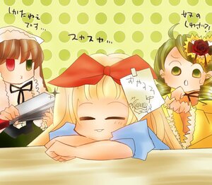 Rating: Safe Score: 0 Tags: 3girls blonde_hair bow brown_hair drill_hair flower green_eyes hat head_scarf heterochromia hina_ichigo image kanaria long_hair multiple_girls pair pink_bow polka_dot polka_dot_background red_eyes ribbon rose short_hair siblings sisters souseiseki suiseiseki twin_drills User: admin