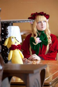 Rating: Safe Score: 0 Tags: 1girl blonde_hair blue_eyes blurry blurry_background blurry_foreground bow depth_of_field dress figure flower long_hair photo realistic red_dress rose shinku sitting solo User: admin