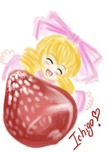 Rating: Safe Score: 0 Tags: 1girl :d ^_^ blonde_hair blush bow closed_eyes food happy hinaichigo image open_mouth short_hair simple_background smile solo striped white_background User: admin