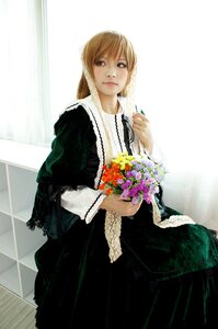 Rating: Safe Score: 0 Tags: 1girl blonde_hair bouquet dress flower holding holding_flower lips long_sleeves looking_at_viewer ribbon solo standing suiseiseki User: admin