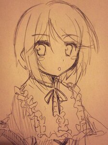 Rating: Safe Score: 0 Tags: 1girl :o bangs eyebrows_visible_through_hair frills image long_sleeves looking_at_viewer monochrome neck_ribbon no_hat no_headwear photo short_hair solo souseiseki traditional_media upper_body User: admin