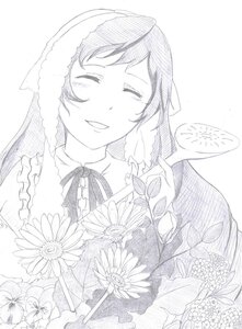 Rating: Safe Score: 0 Tags: 1girl blush closed_eyes flower greyscale image japanese_clothes kimono long_hair monochrome ribbon smile solo suiseiseki traditional_media upper_body User: admin