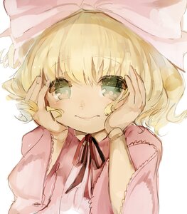 Rating: Safe Score: 0 Tags: 1girl bangs blonde_hair blush closed_mouth green_eyes hands_on_own_face hat hinaichigo image long_sleeves looking_at_viewer neck_ribbon ribbon simple_background smile solo striped upper_body vertical_stripes white_background User: admin