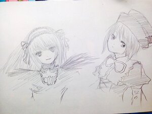 Rating: Safe Score: 0 Tags: 2girls bow greyscale hat image looking_at_viewer monochrome multiple_girls pair ribbon short_hair sketch smile souseiseki suigintou traditional_media User: admin