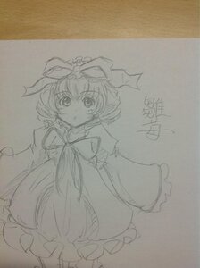 Rating: Safe Score: 0 Tags: 1girl blush bow dress eyebrows_visible_through_hair hat hinaichigo image long_sleeves looking_at_viewer monochrome photo ribbon short_hair sketch solo traditional_media User: admin