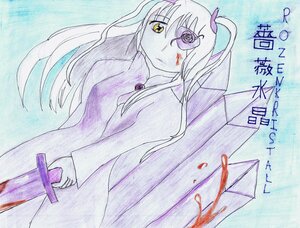 Rating: Questionable Score: 0 Tags: 1girl barasuishou blood blood_on_face blood_splatter eyepatch facepaint flower image long_hair solo traditional_media yellow_eyes User: admin