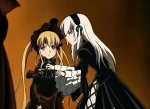 Rating: Safe Score: 0 Tags: 2girls black_dress black_ribbon blonde_hair dress frills green_eyes hairband image long_hair long_sleeves looking_at_another multiple_girls pair shinku standing suigintou very_long_hair User: admin