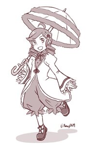 Rating: Safe Score: 0 Tags: 1girl :d ahoge bloomers dress full_body greyscale hair_ornament holding_umbrella image kanaria monochrome open_mouth smile solo striped twitter_username umbrella User: admin