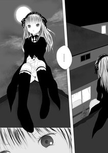 Rating: Safe Score: 0 Tags: ... 1girl comic dress gothic_lolita greyscale hairband image lolita_fashion long_hair monochrome sitting solo spoken_ellipsis suigintou thighhighs zettai_ryouiki User: admin