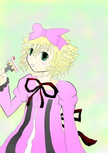 Rating: Safe Score: 0 Tags: 1girl blonde_hair bow dress drill_hair food gradient gradient_background green_background green_eyes hair_bow hina_ichigo hinaichigo image juliet_sleeves long_sleeves pink_bow puffy_sleeves short_hair solo User: admin