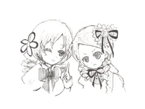 Rating: Safe Score: 0 Tags: 2girls bow drill_hair greyscale hair_ornament image index_finger_raised kanaria looking_at_viewer monochrome multiple_girls one_eye_closed ribbon short_hair smile solo tomoe_mami twin_drills twintails white_background User: admin
