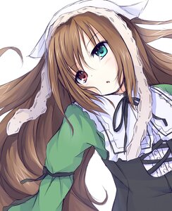 Rating: Safe Score: 0 Tags: 1girl :o bangs black_ribbon blush brown_hair dress eyebrows_visible_through_hair green_dress hat head_scarf heterochromia image long_hair long_sleeves looking_at_viewer red_eyes ribbon simple_background solo suiseiseki very_long_hair white_background User: admin