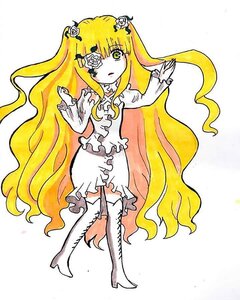 Rating: Safe Score: 0 Tags: 1girl blonde_hair boots cross-laced_footwear dress eyepatch flower green_eyes hair_flower image kirakishou long_hair multicolored_hair rose solo thigh_boots thighhighs very_long_hair white_footwear zettai_ryouiki User: admin