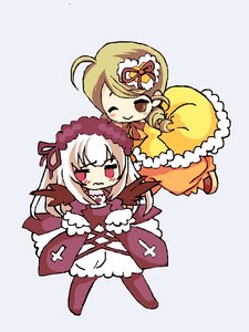 Rating: Safe Score: 0 Tags: 2girls blonde_hair chibi dress drill_hair hat image kanaria long_hair multiple_girls pair red_eyes ribbon striped suigintou white_hair wings User: admin