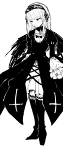 Rating: Safe Score: 0 Tags: 1girl bangs boots closed_mouth dress frills full_body hairband image joints lolita_fashion long_hair long_sleeves looking_at_viewer monochrome red_eyes simple_background solo standing suigintou white_background wings User: admin