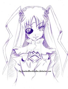 Rating: Safe Score: 0 Tags: 1girl dress flower hair_flower hair_ornament image kirakishou long_hair monochrome purple_theme rose smile solo traditional_media two_side_up veil User: admin