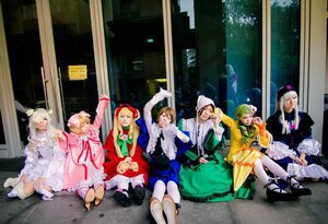Rating: Safe Score: 0 Tags: 4girls blonde_hair brown_hair dress hat long_hair multiple_boys multiple_cosplay multiple_girls pantyhose short_hair tagme white_legwear User: admin