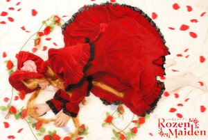 Rating: Safe Score: 0 Tags: 1girl blonde_hair bonnet dress flower hat long_hair long_sleeves lying petals red_dress red_rose rose rose_petals shinku solo User: admin