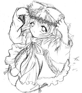 Rating: Safe Score: 0 Tags: 1girl blush dress frills greyscale hat hinaichigo holding holding_clothes image long_sleeves looking_at_viewer monochrome object_on_head ribbon short_hair simple_background solo underwear upper_body white_background wide_sleeves User: admin
