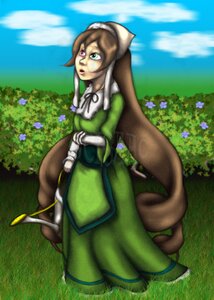Rating: Safe Score: 0 Tags: 1girl blue_sky brown_hair cloud day dress field flower grass heterochromia image long_hair monster_girl outdoors sky solo suiseiseki User: admin