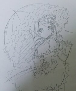 Rating: Safe Score: 0 Tags: 1girl blush dress drill_hair frills holding_umbrella image kanaria long_hair long_sleeves looking_at_viewer monochrome parasol photo rain ringlets sketch solo traditional_media twin_drills twintails umbrella User: admin
