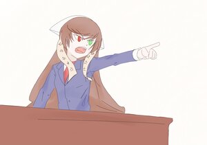 Rating: Safe Score: 0 Tags: 1girl auto_tagged brown_hair green_eyes heterochromia image long_sleeves open_mouth pointing red_eyes solo striped suiseiseki white_background User: admin
