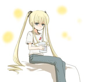 Rating: Safe Score: 0 Tags: 1girl blonde_hair blue_eyes denim hair_ribbon image jeans long_hair pants ribbon shinku shirt sidelocks sitting solo striped striped_shirt t-shirt twintails very_long_hair User: admin