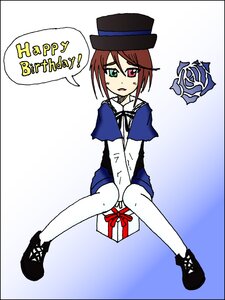 Rating: Safe Score: 0 Tags: 1girl black_border black_footwear blue_dress boots brown_hair dress gift green_eyes hat heterochromia image letterboxed pantyhose red_eyes ribbon short_hair sitting solo souseiseki sweatdrop top_hat white_legwear User: admin