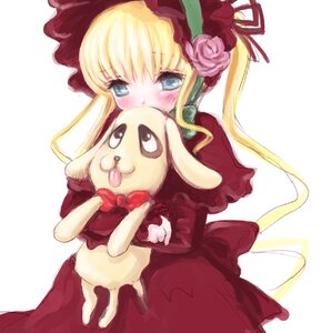 Rating: Safe Score: 0 Tags: 1girl blonde_hair blue_eyes blush bonnet bow dog dress flower holding image long_hair pink_bow red_dress rose shinku solo stuffed_animal User: admin