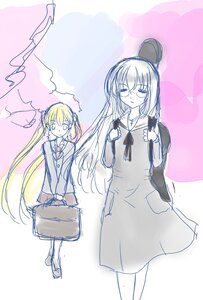 Rating: Safe Score: 0 Tags: 2girls auto_tagged bag bangs briefcase dress glasses handbag hat holding_bag image long_hair long_sleeves multiple_girls pair ribbon sailor_dress school_bag shinku suigintou twintails User: admin