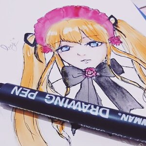 Rating: Safe Score: 0 Tags: 1girl artist_name bangs blonde_hair blue_eyes bonnet bow dress flower image long_hair looking_at_viewer shinku signature solo twintails upper_body User: admin