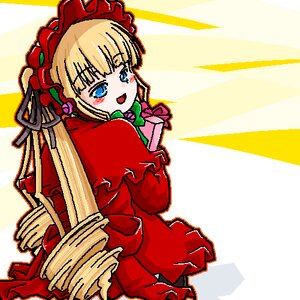 Rating: Safe Score: 0 Tags: 1girl blonde_hair blue_eyes blush_stickers bonnet bow dress flower frills image long_hair long_sleeves open_mouth red_dress rose shinku sitting solo User: admin