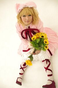 Rating: Safe Score: 0 Tags: 1girl blonde_hair bouquet dress flower green_eyes hat hinaichigo lips red_ribbon ribbon short_hair smile solo striped sunflower vertical_stripes User: admin