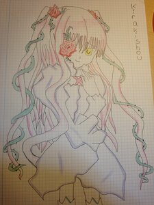 Rating: Safe Score: 0 Tags: 1girl choker dress flower hair_ornament image kirakishou long_hair pink_hair smile solo traditional_media yellow_eyes User: admin
