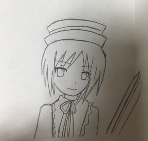 Rating: Safe Score: 0 Tags: 1girl bangs closed_mouth collared_shirt eyebrows_visible_through_hair greyscale hat image looking_at_viewer monochrome neck_ribbon photo ribbon short_hair smile solo souseiseki traditional_media User: admin