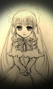 Rating: Safe Score: 0 Tags: 1girl bonnet bow bowtie capelet dress expressionless image long_hair long_sleeves looking_at_viewer monochrome shinku solo standing v_arms very_long_hair User: admin