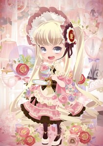 Rating: Safe Score: 0 Tags: 1girl blonde_hair blue_eyes dress flower food image lolita_fashion long_hair open_mouth pink_flower pink_rose rose shinku smile solo tea teacup User: admin