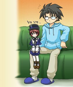 Rating: Safe Score: 0 Tags: 1boy 1girl black_hair blue_dress blush boots brown_hair dress flying_sweatdrops glasses green_eyes hat heterochromia hood image long_sleeves pants sakurada_jun sitting solo souseiseki User: admin