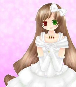 Rating: Safe Score: 0 Tags: 1girl bare_shoulders blush bow brown_hair dress elbow_gloves gloves green_eyes heterochromia image jewelry long_hair red_eyes solo suiseiseki vertical_stripes very_long_hair User: admin