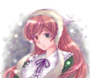 Rating: Safe Score: 0 Tags: 1girl brown_hair dress frills green_eyes hat heterochromia image long_hair long_sleeves red_eyes ribbon snow snowing solo suiseiseki upper_body User: admin