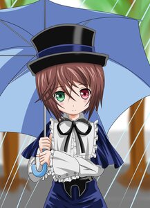 Rating: Safe Score: 3 Tags: 1girl black_umbrella blush brown_hair commentary_request frills green_eyes hat heterochromia highres holding holding_umbrella image long_sleeves looking_at_viewer parasol purple_umbrella rain red_eyes red_umbrella ribbon rozen_maiden shared_umbrella short_hair smile solo souseiseki suiseiseki takumi_(rozen_garten) top_hat umbrella User: admin