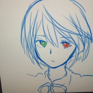 Rating: Safe Score: 0 Tags: 1girl bangs eyebrows_visible_through_hair green_eyes hair_between_eyes image looking_at_viewer monochrome photo portrait red_eyes short_hair simple_background solo souseiseki spot_color traditional_media User: admin